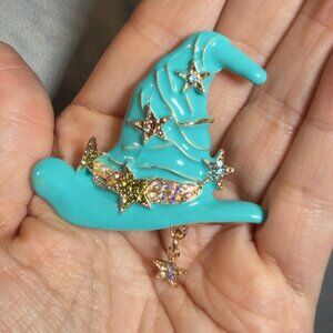 Witch Hat Brooch Turquoise Enamel Star Rhinestone Pin 2.5 Inch